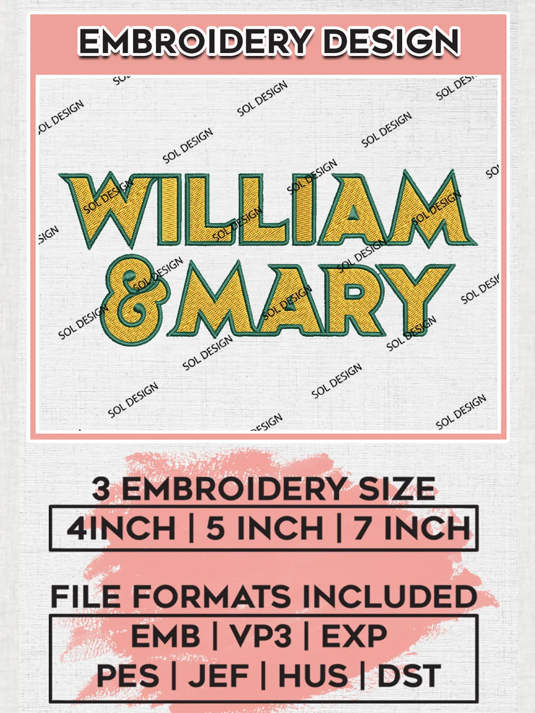 NCAA William & Mary Football Team Word Logo Embroidery Design Files, NCAA William & Mary Tribe Machine Embroidery, NCAA Teams, Game Day, 3 sizes, NCAA Machine embroidery designs, Digital Download