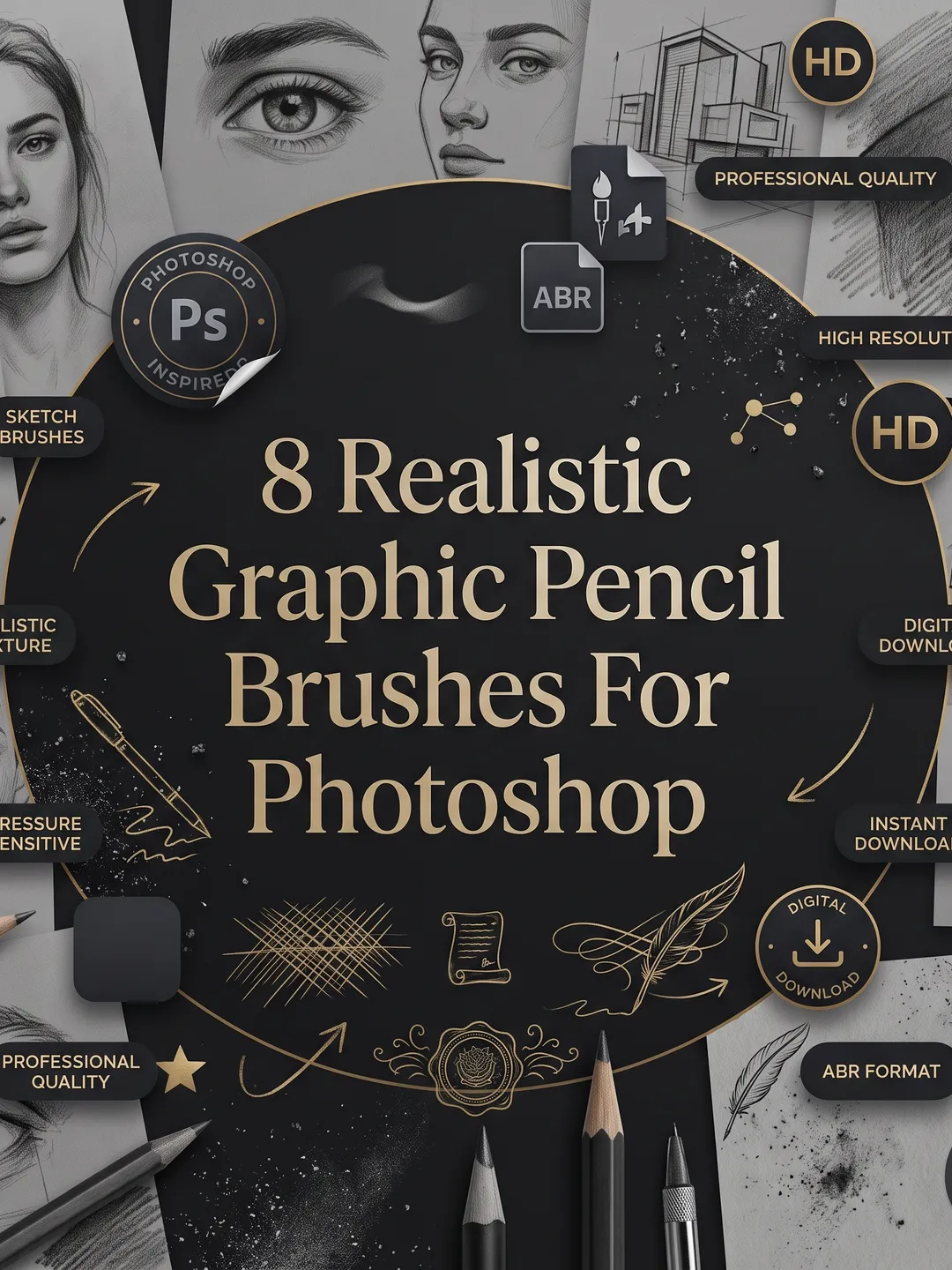 8 Realistic Graphic Pencil Brushes for Photoshop | Professional Sketch & Drawing Toolkit