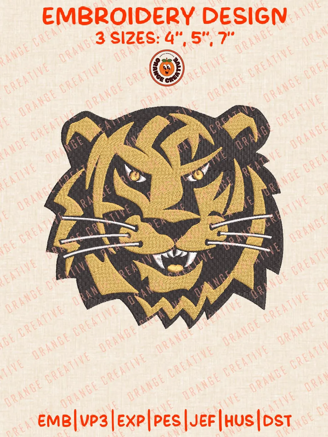 Towson Tigers Head Mascot Embroidery Design, NCAA Logo Embroidery Design, Machine Embroidery Design File, 4 Sizes, Digital Download