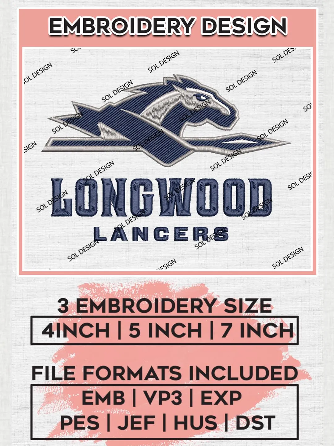 NCAA Longwood Lancers Team Mascot Logo Machine Embroidery Design, NCAA Longwood Lancers Team Design Design files, NCAA Team Embroidery Designs, NCAA Machine Embroidery Designs, Digital Download