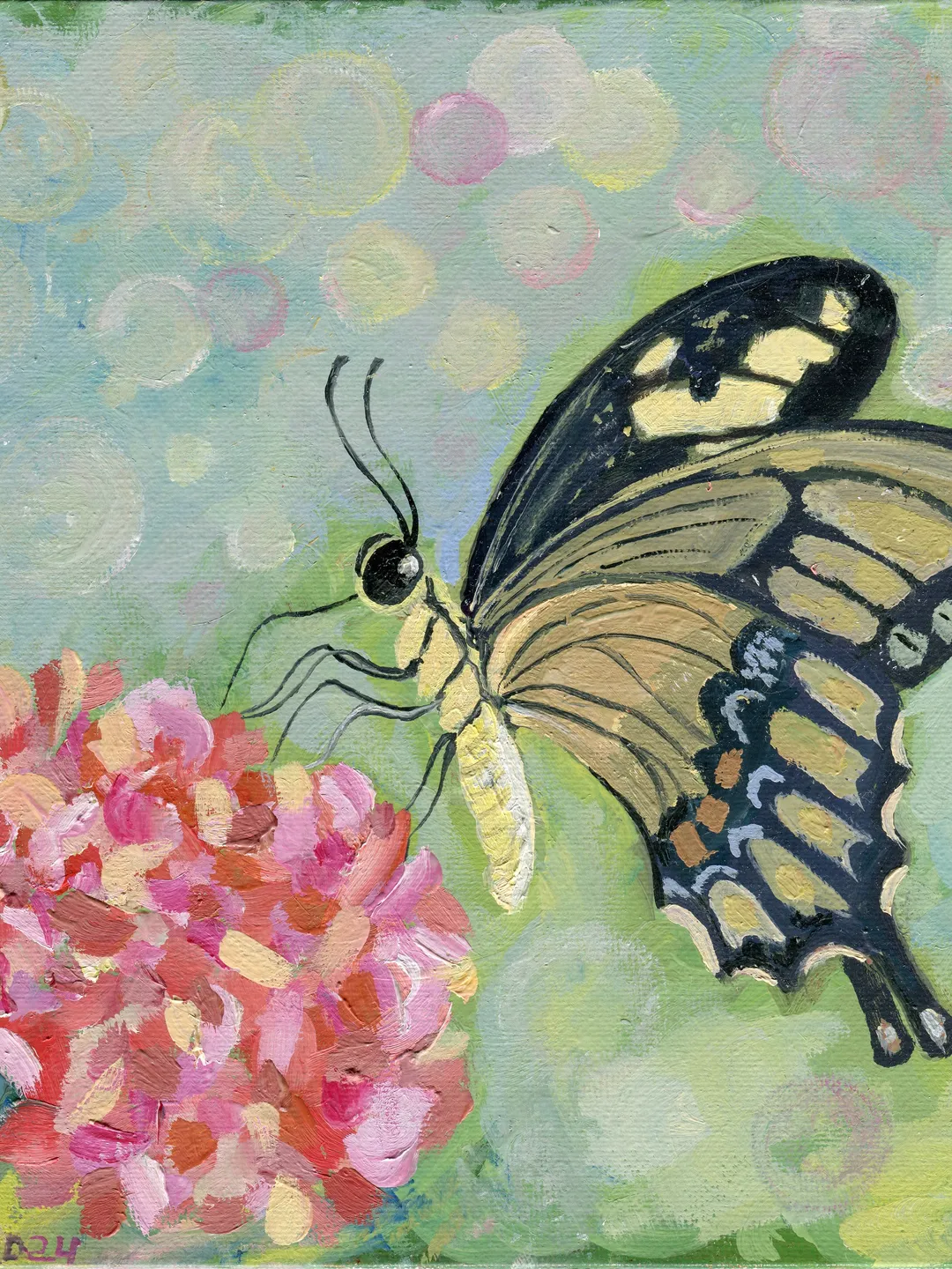 Painting flowers with a butterfly, original oil painting 8х8 inc