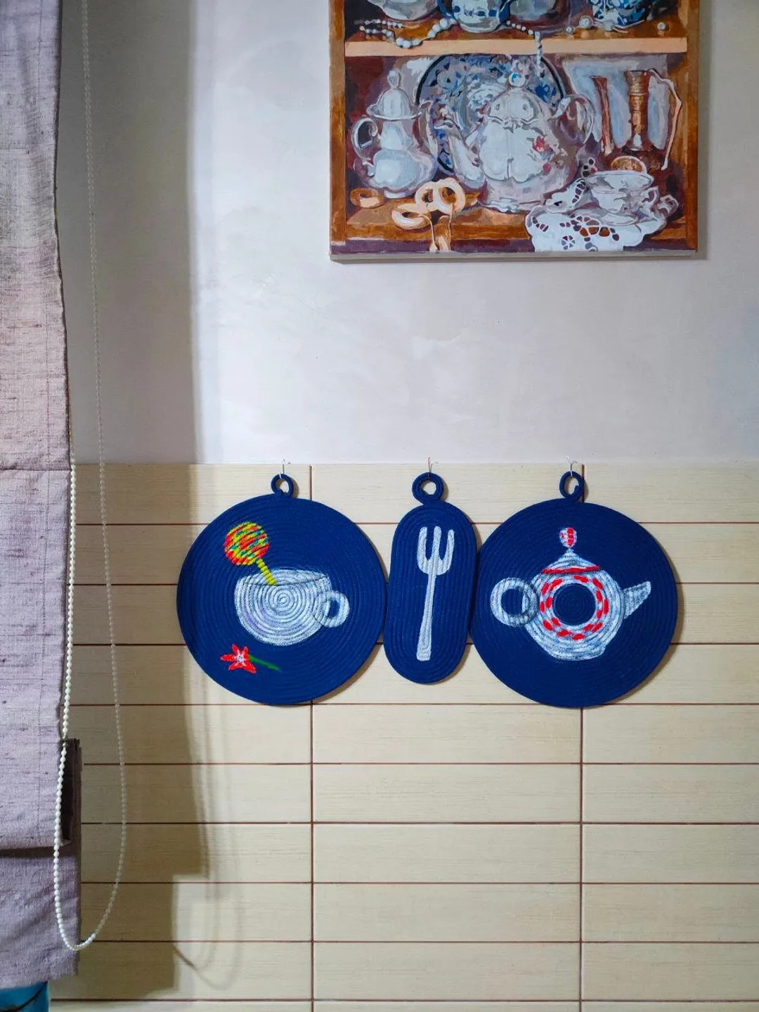set of 3,porcelain wall art,blue french country decor,macrame wall hanging,quilted amphora,coaster,sorority wall art,blue cloth placemat set