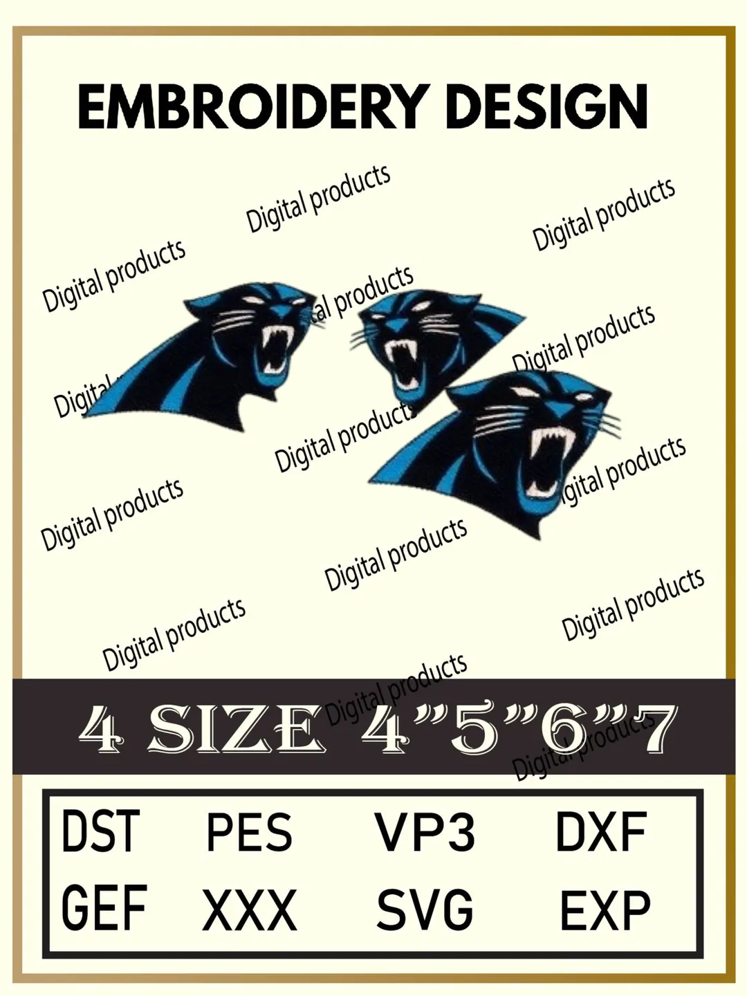 Carolina Panthers Embroidery Design Digital Logo Pattern with Stylized Black and Blue Panther Heads for Machine Embroidery Projects in Four Sizes with Multiple Compatible Formats Including DST, PES, VP3, DXF, GEF, XXX, SVG, EXP Download