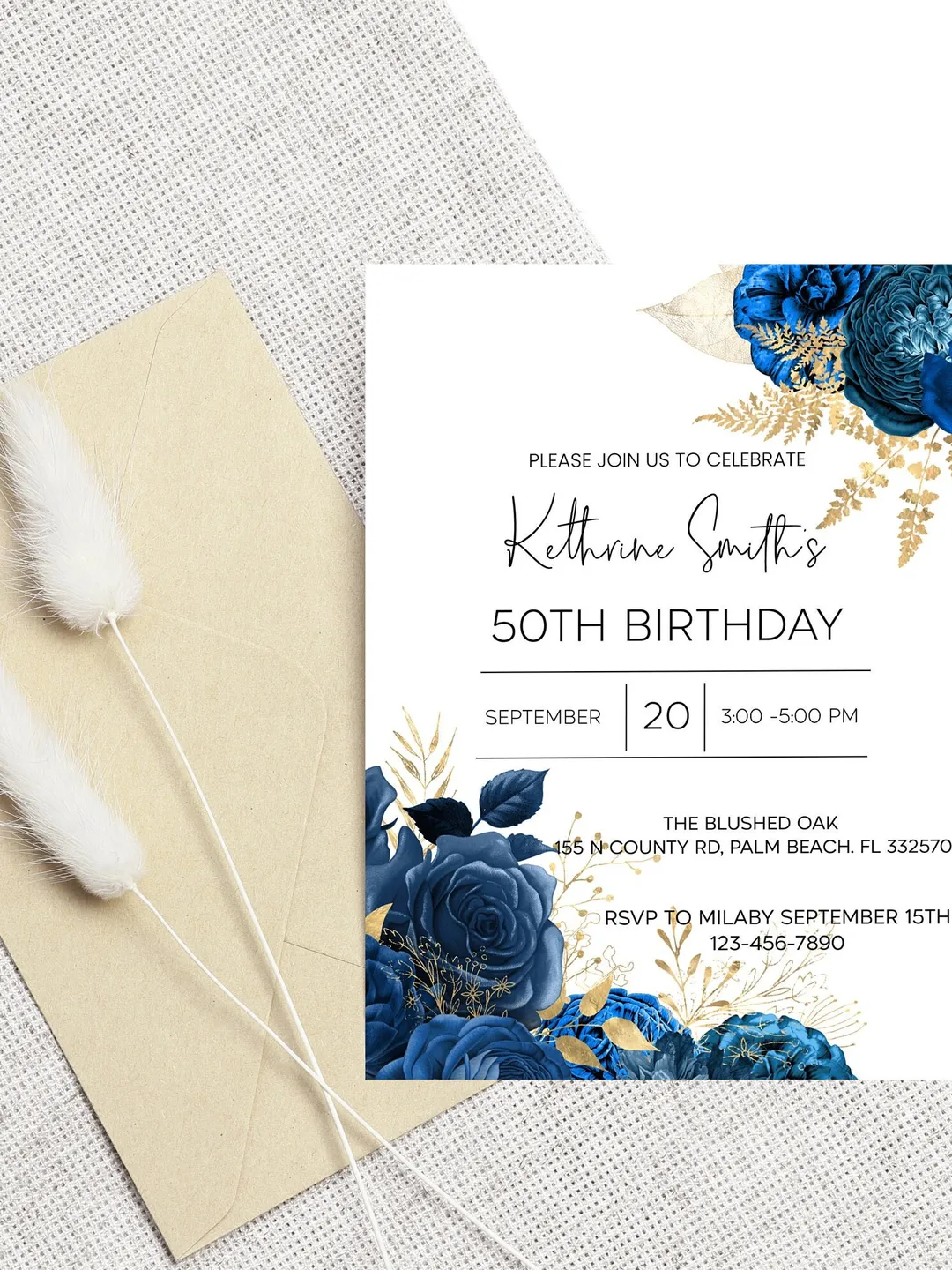 Blue and Gold Floral Invites, 50th Adult Birthday, , Printable, Editable Template ,Birthday Invitation