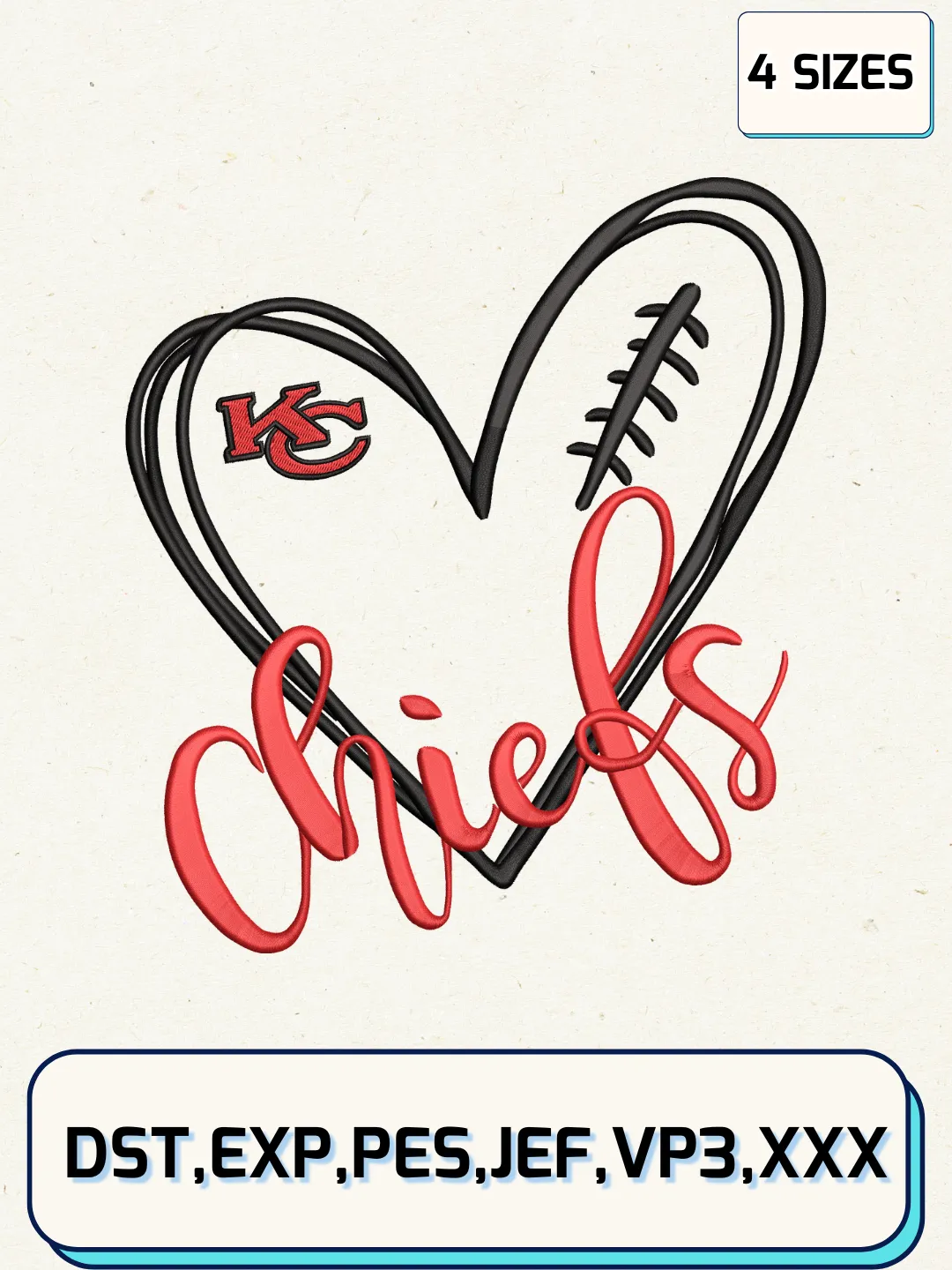 Kansas City Chiefs Heart Logos Embroidery Design Files, NFL Logos Embroidery Designs, Machine Embroidery Files, 4 Sizes