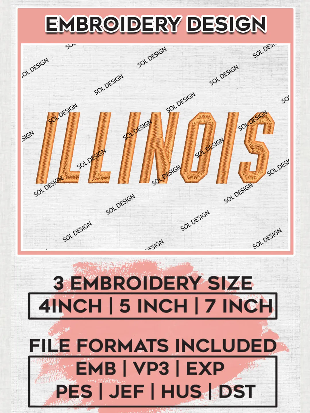 NCAA Illinois Team Word Logo Embroidery Design Files, NCAA Illinois Fighting Illini Machine Embroidery, NCAA Teams, Game Day, 3 sizes, NCAA Machine embroidery designs, Digital Download
