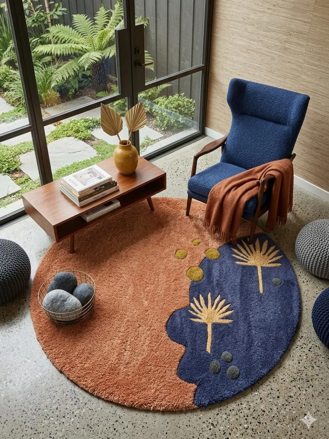 Terracotta Navy Blue Round Tufted Rug, Boho Palm Leaf Wool Area Carpet