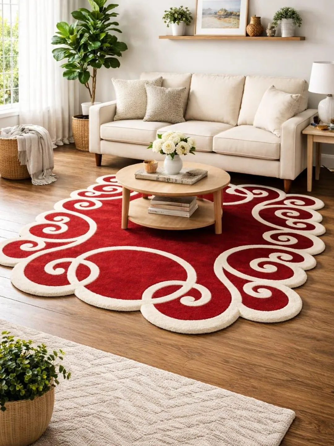 Retro Abstract Wavy Rug, Hand Tufted Wool Carpet, Red Cream Statement ...