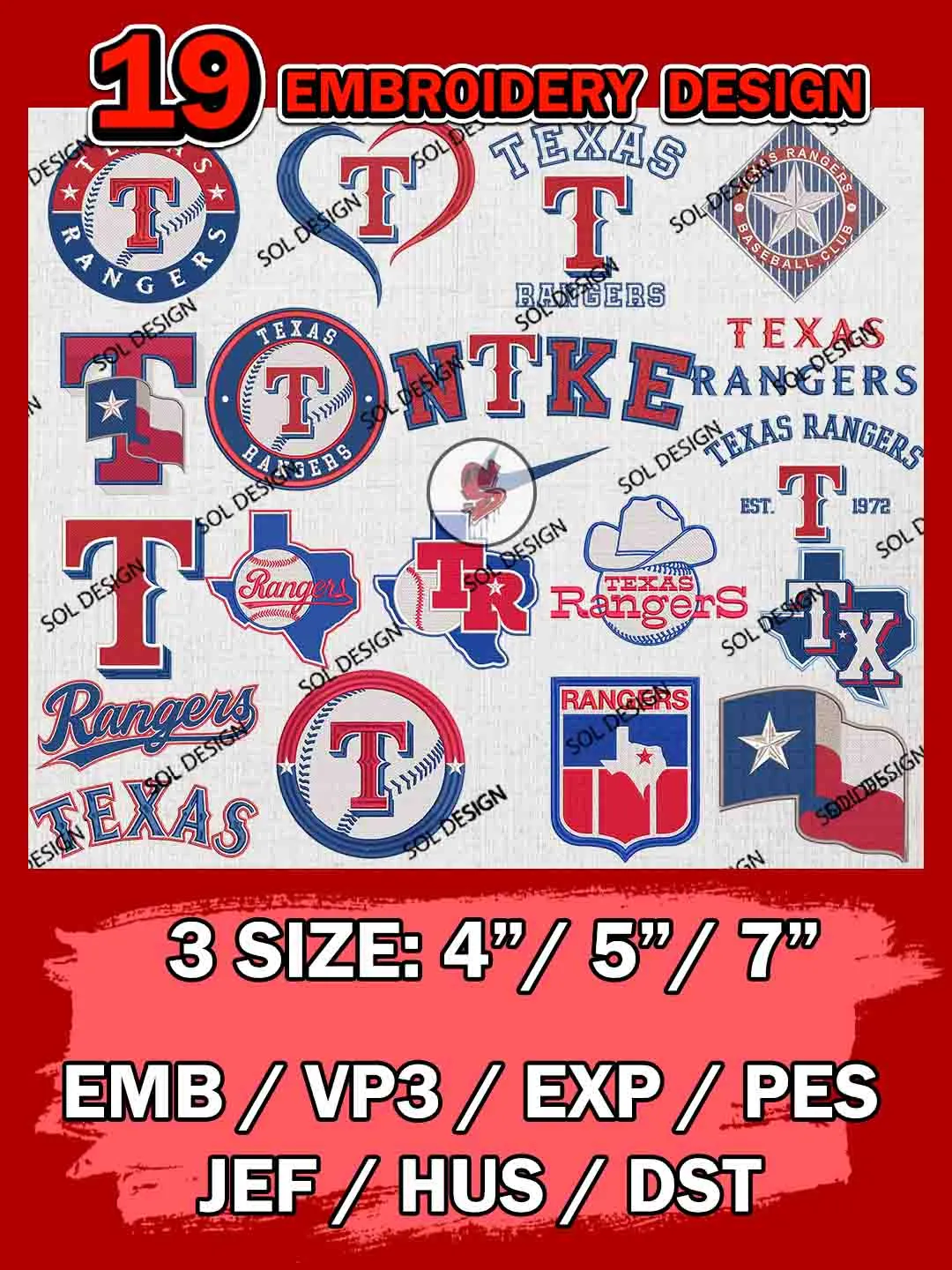 19 Texas Rangers Bundle Embroidery Files, MLB Texas Rangers Team Bundle Embroidery Designs, MLB Teams, League Baseball Team, 3 sizes, MLB Rangers Machine Embroidery, Digital Download
