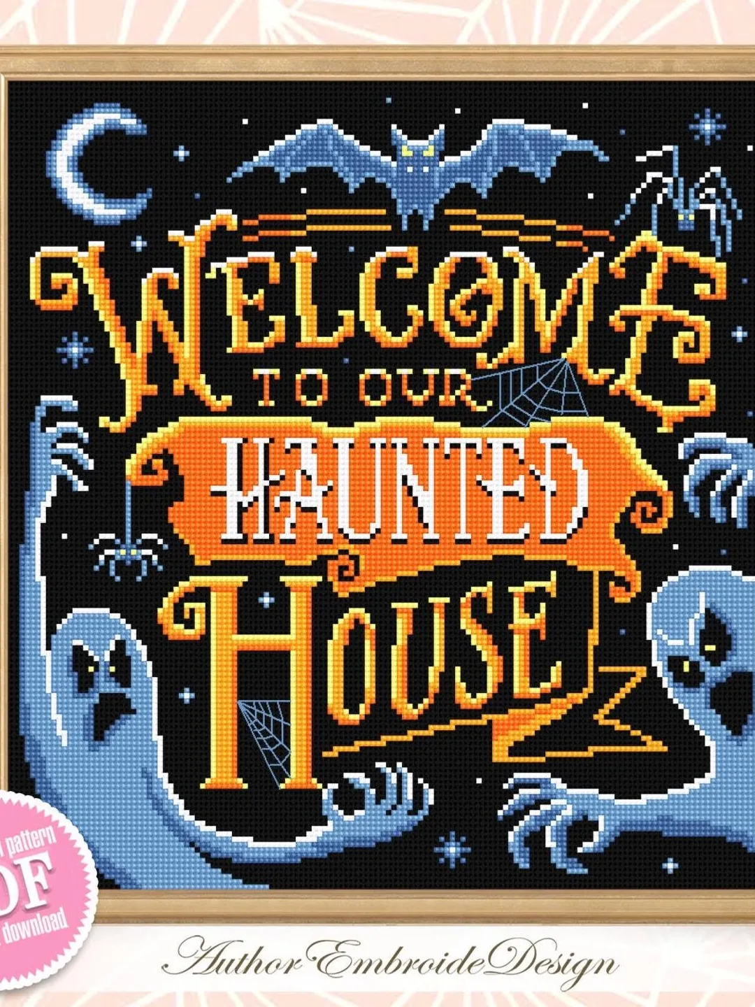 Halloween quotes cross stitch pattern download PDF Spooky ghost cross stitch chart Welcome to our haunted house, Halloween cross stitch #H81