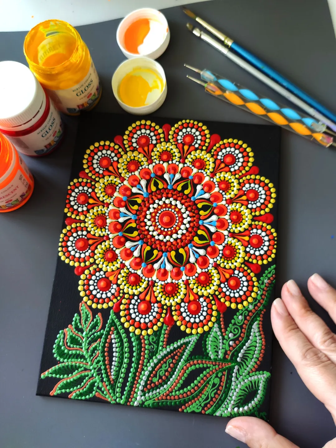 Daisy Dot Painting Original Art Dotted Small Canvas 15 by 20 cm / 6 by 8''