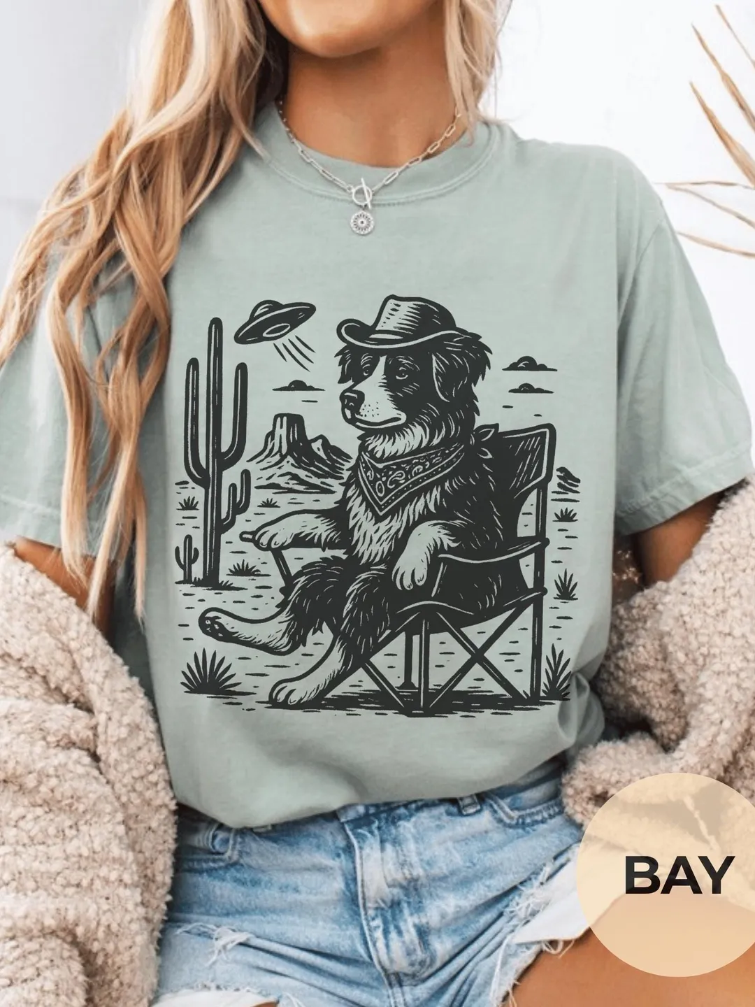 Comfort Colors Vintage Australian Shepherd Cowboy T-Shirt Retro Alien Dog Graphic Tee