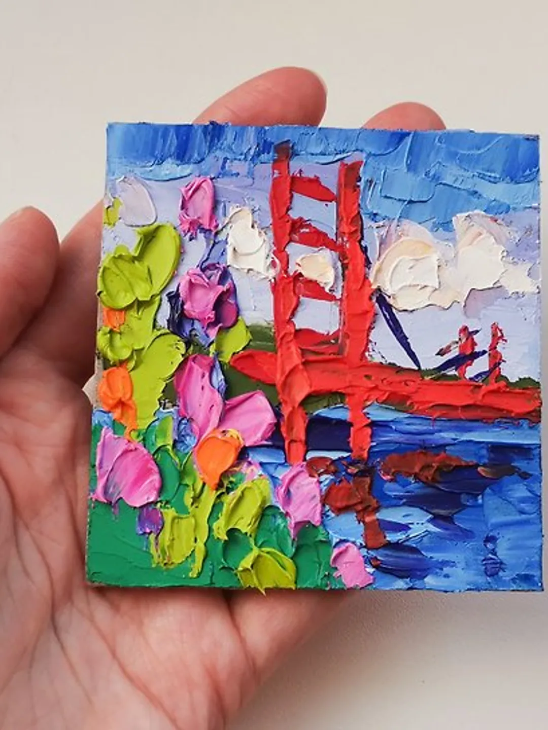 油畫原作 Golden Gate 手工油畫 Original Art San Francisco Flowers Oil Painting Verafe