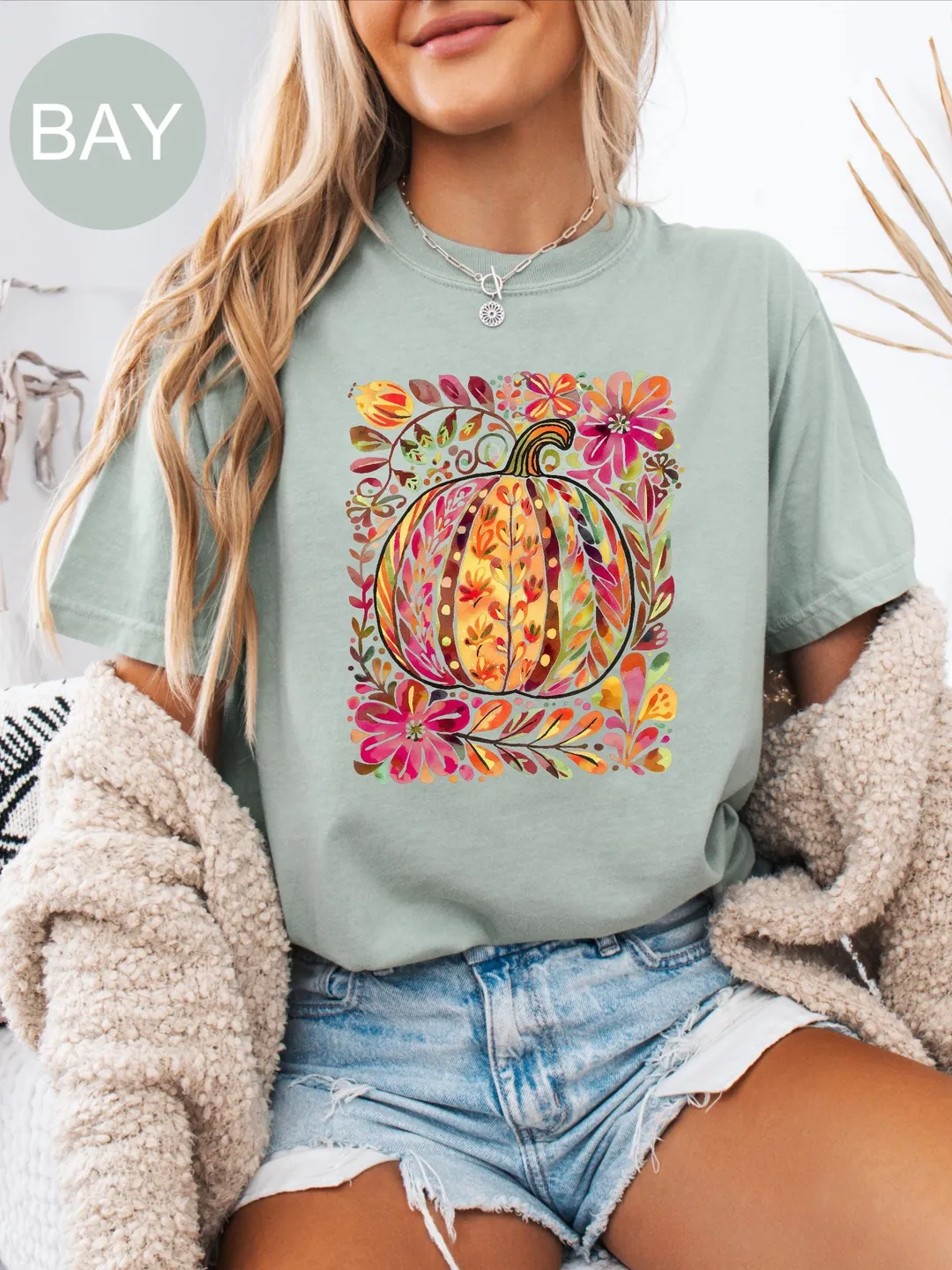 Comfort Colors® Pumpkin Boho Floral Colorful T-Shirt, Pumpkin Shirt, Fall Vibes Shirt for her, Florist Shirt, Women Shirt, Fall Gift for Her