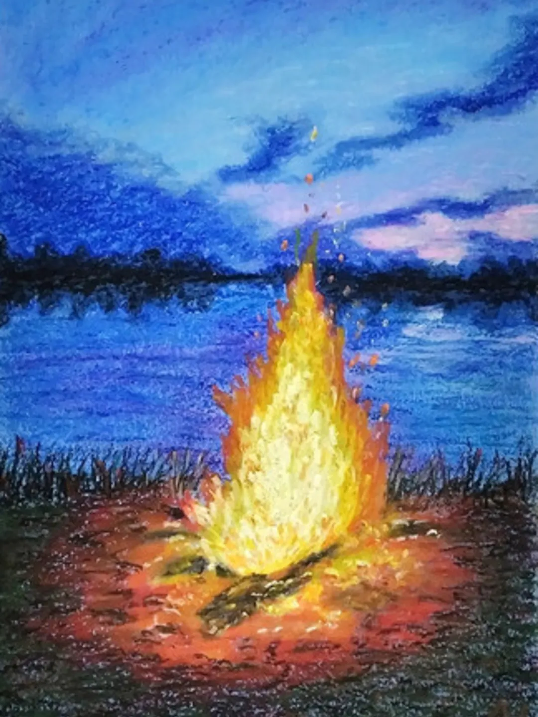 Oil painting in pastel. Bonfire on the shore