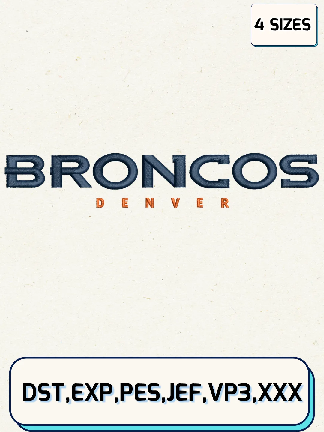 Denver Broncos Wordmark Logo Embroidery Design Files,NFL Logo Embroidery Designs,Machine Embroidery Files,4 Sizes
