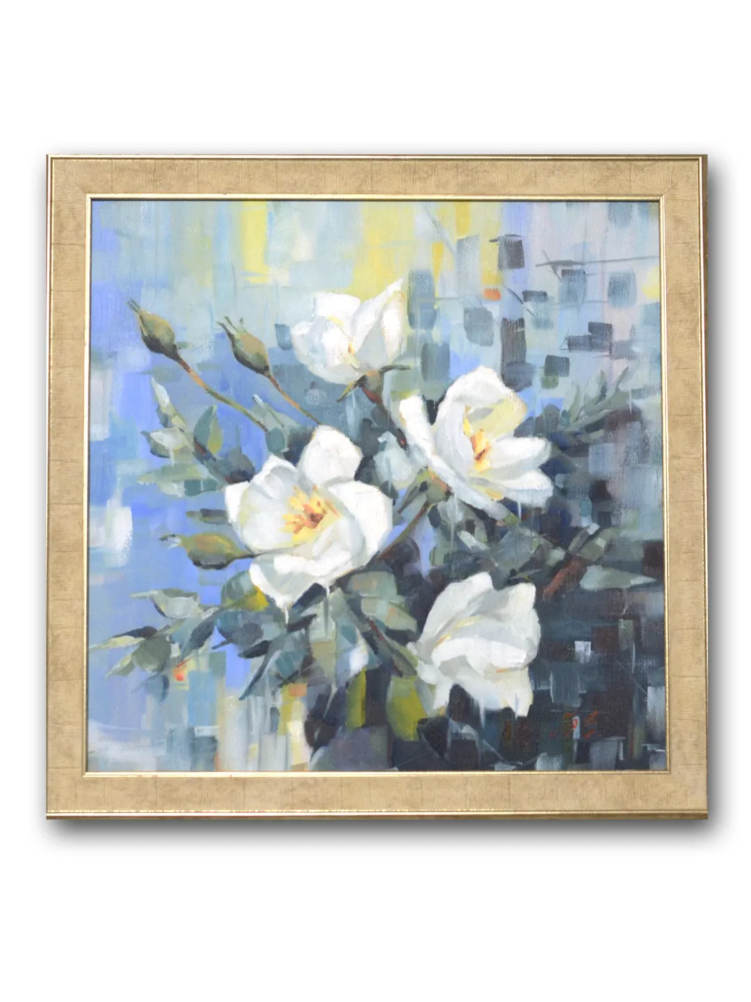 Roses oil painting / Pink flowers on blue art
