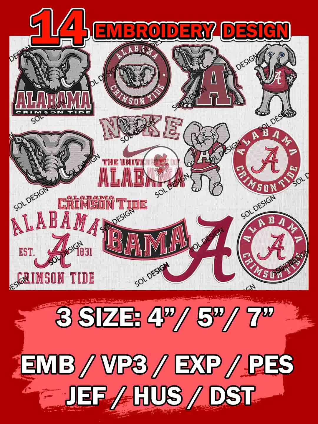 14 NCAA Alabama Crimson Tide Bundle Embroidery Files, NCAA Alabama Crimson Tide Team Bundle Embroidery Designs, NCAA Teams, National College Football Team 3 sizes, NCAA Alabama Crimson Machine Embroidery, Digital Download