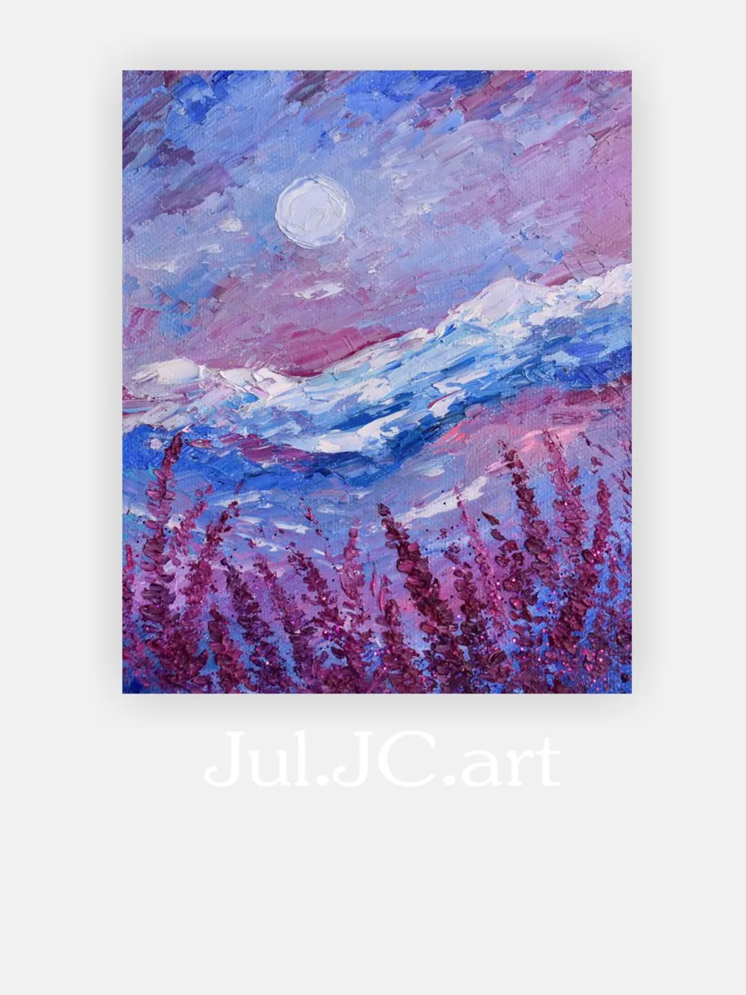 Lavender painting Mountain wall art Landscape Original artwork Moonlit night art 10 by 12 inch