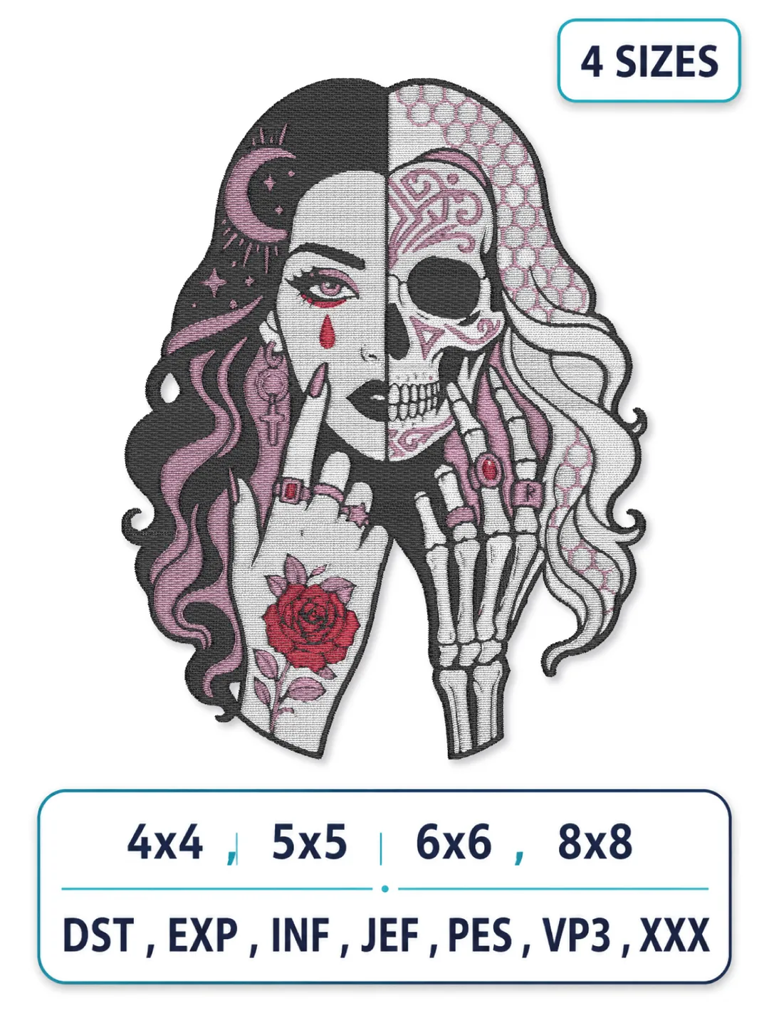 Gothic Sugar Skull Woman Embroidery Design – Halloween Skull Girl Machine Embroidery Files