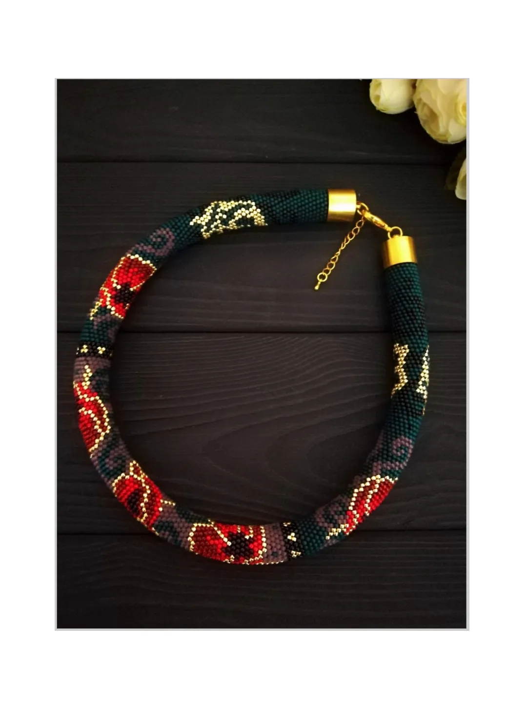 Handmade Bead Rope Necklaces ,Floral Seed Bead Design Poppies