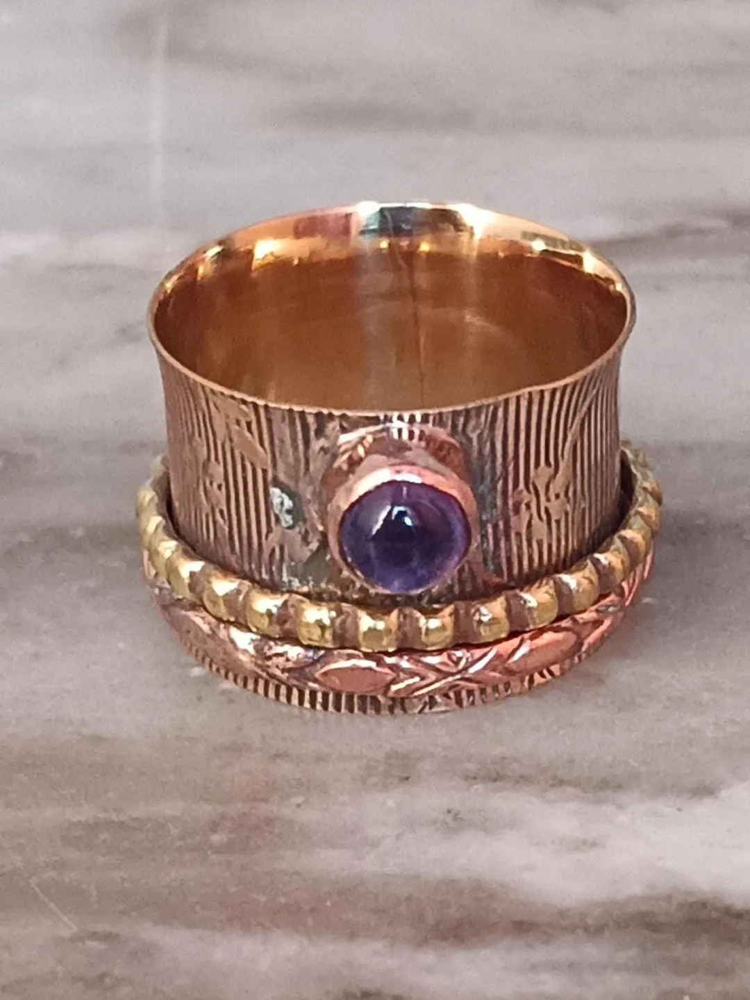 Handmade Copper Spinner Ring, Amethyst Gemstone Meditation Jewelry