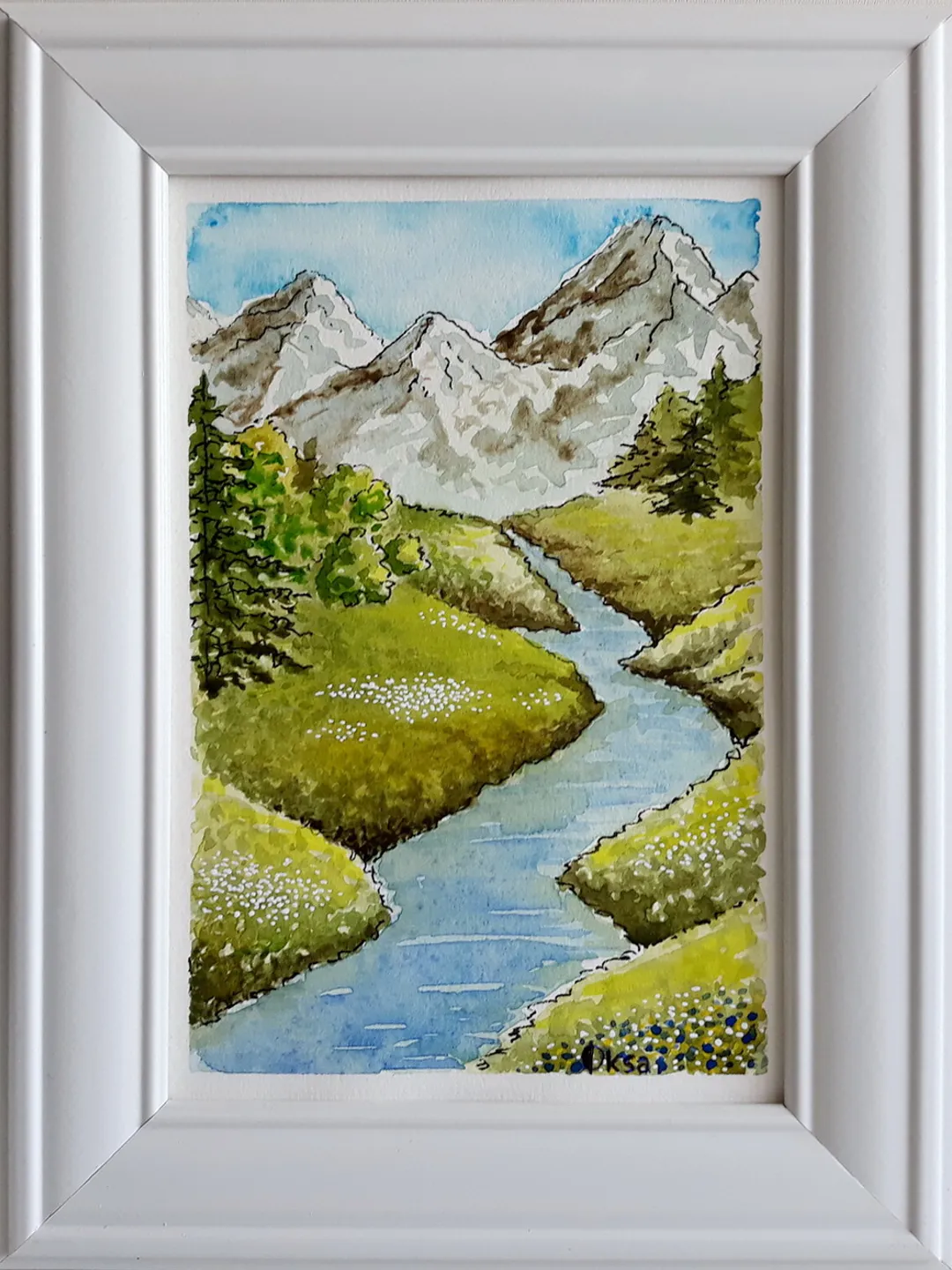 Mountain River Watercolor Art Painting/Mountain Original Painting/Art atmosphere/Europe mountain river landscape/White framed small painting