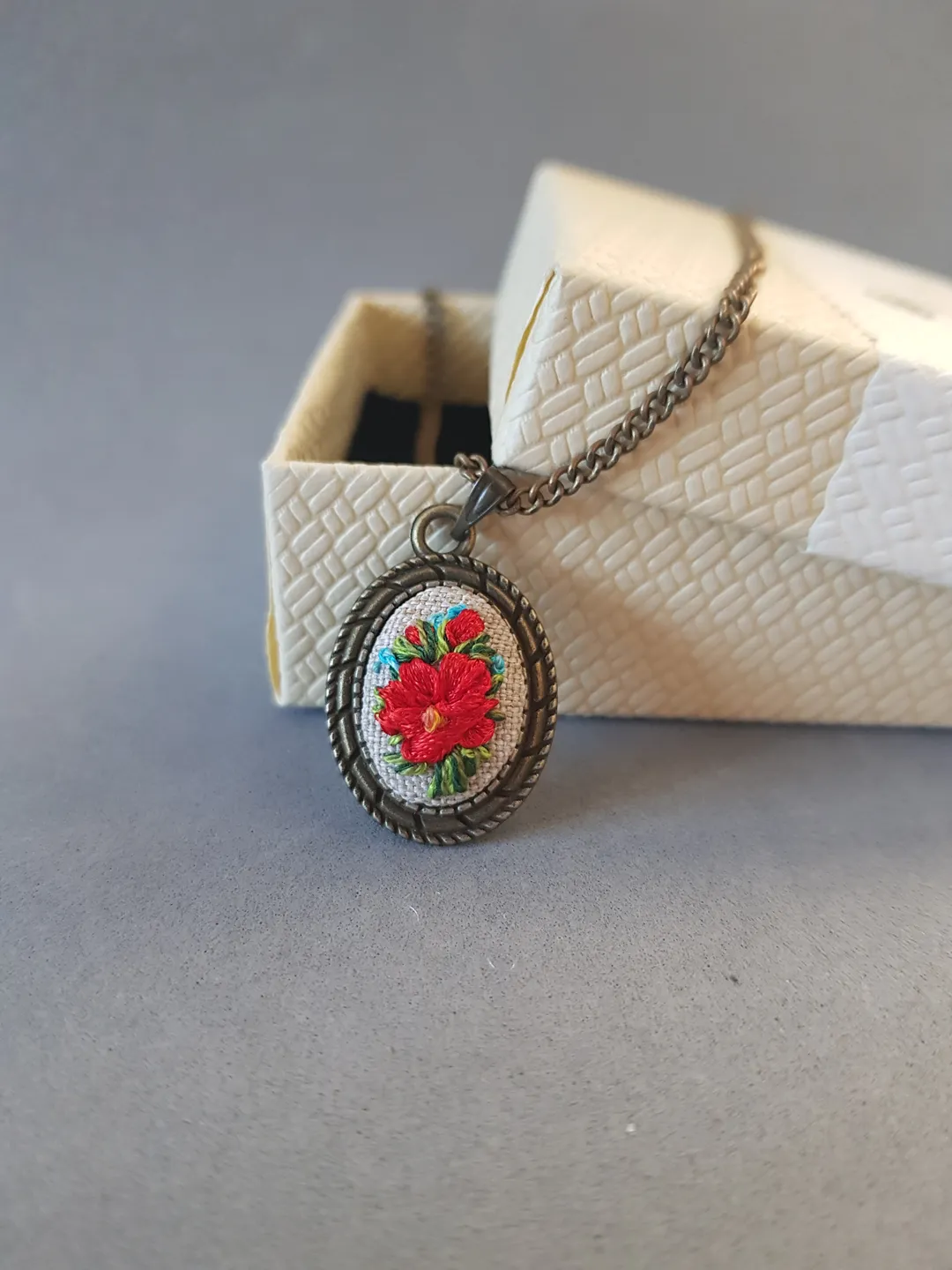 Ribbon embroidered pendant for her, red flower jewelry embroidery