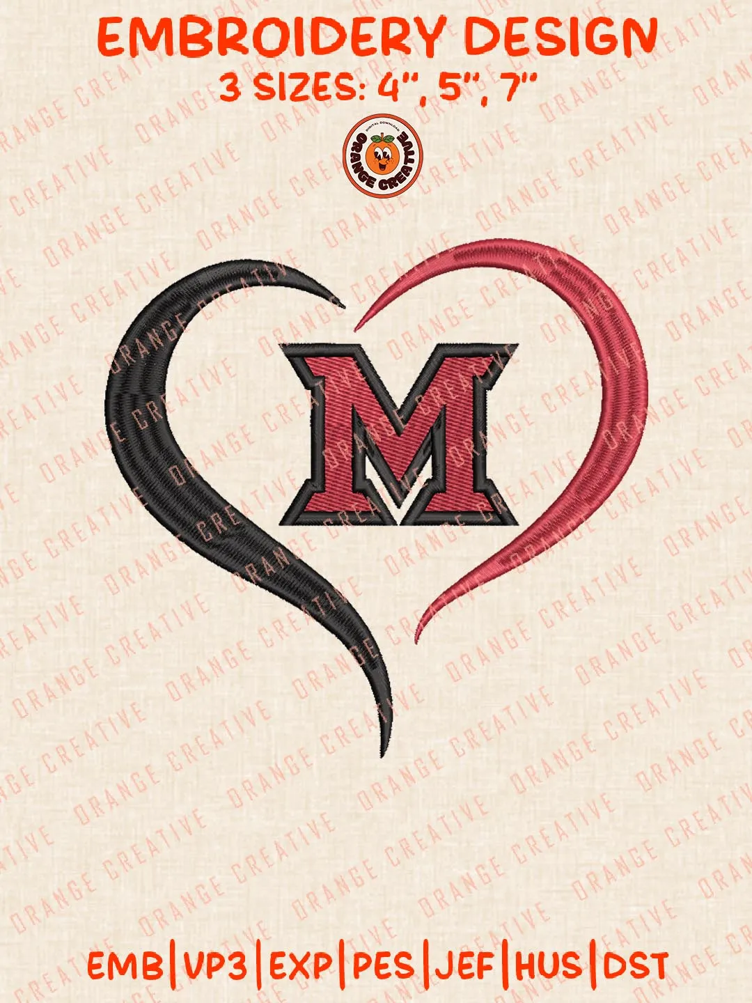 Miami OH RedHawks Heart Logo Embroidery Design Files, NCAA Logos Embroidery Designs, NCAA Machine Embroidery Files, 3 Sizes, Custom Sizes, Digital Files