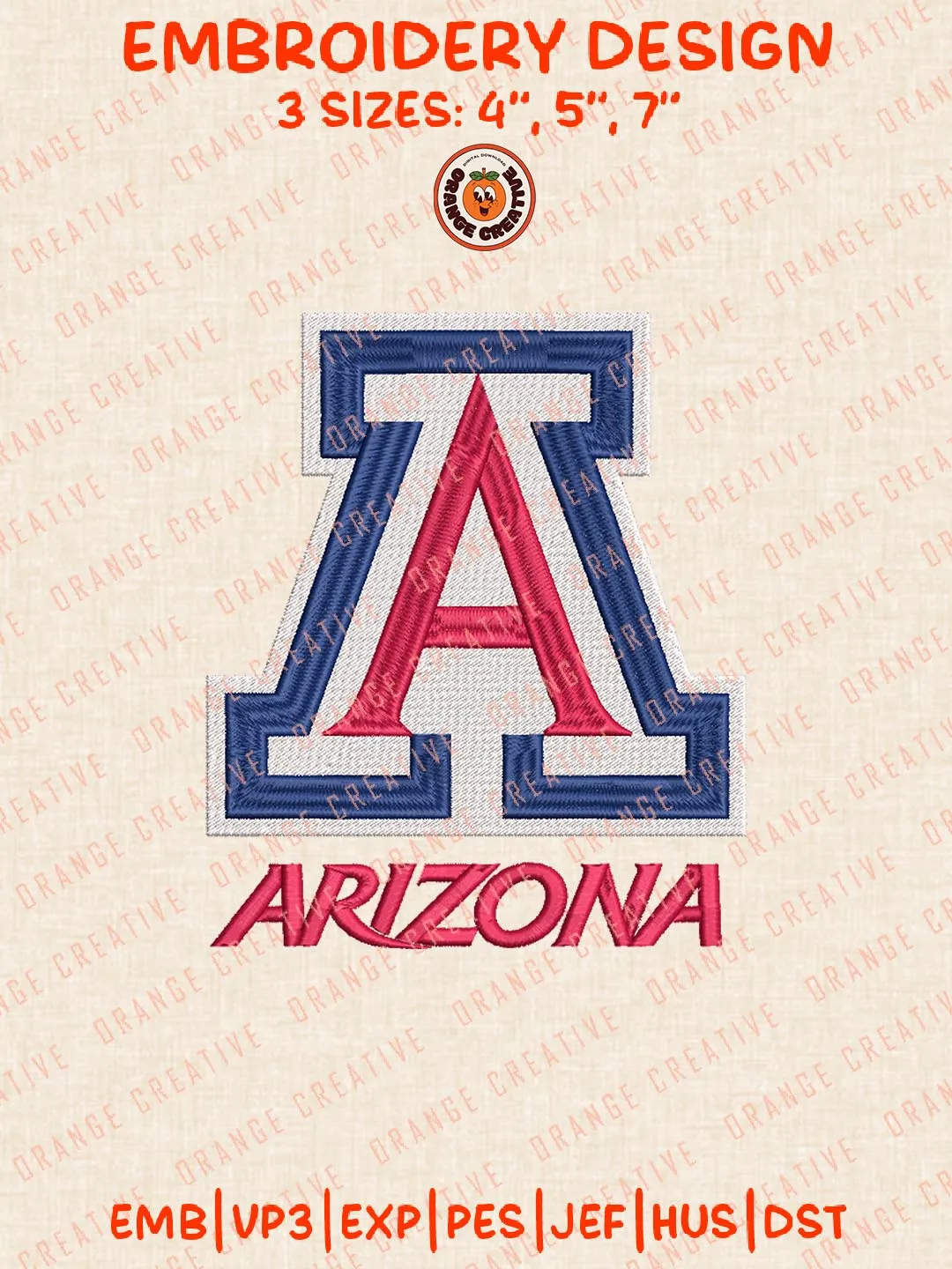 NCAA Arizona Logo Embroidery Design, NCAA Arizona Wildcats Team Embroidery Design, Machine Embroidery Design File, 4 Sizes, Custom Size, Digital Download