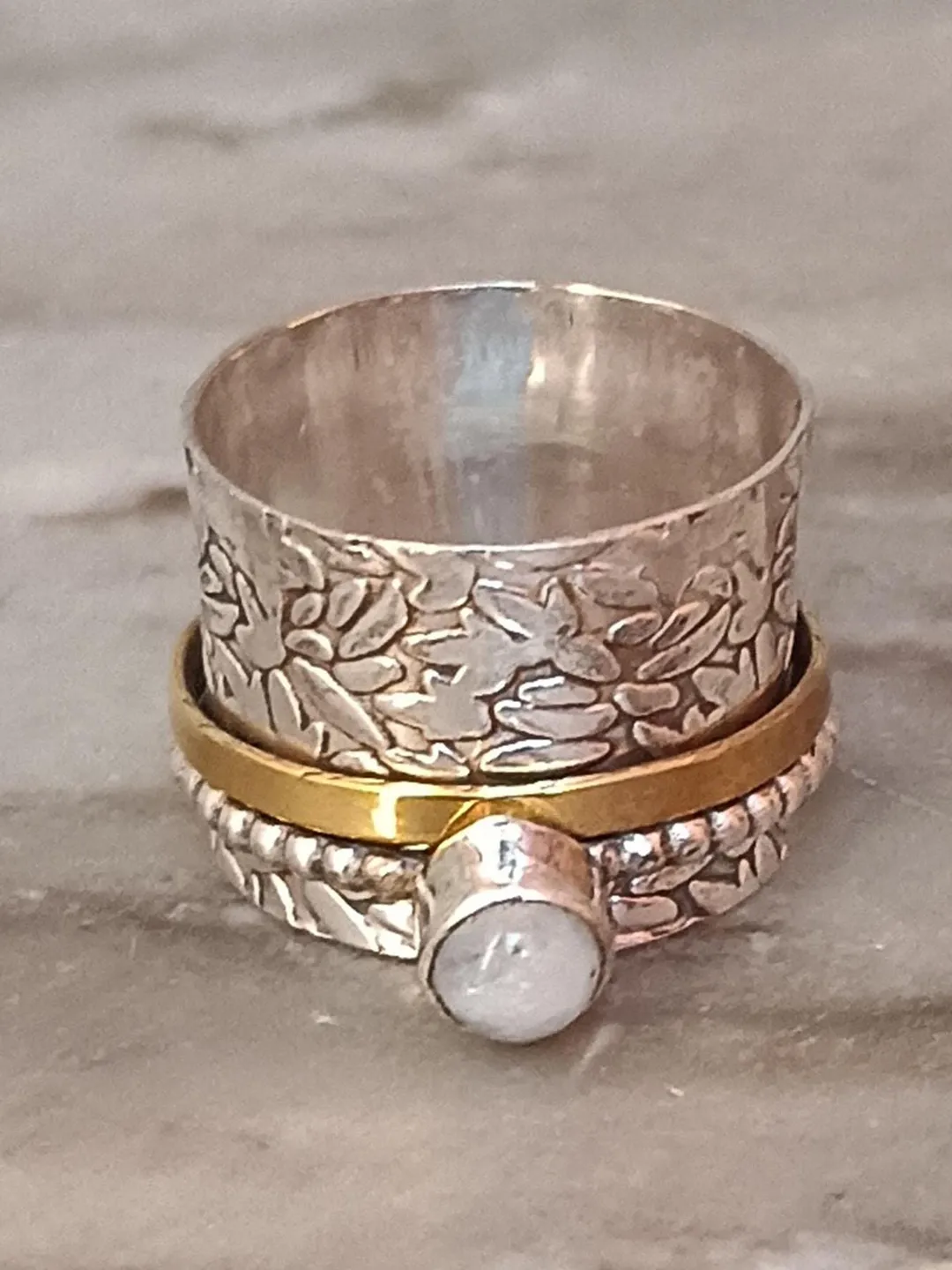 Rainbow Moonstone Sterling Silver Spinner Ring, Handmade Trust Ring