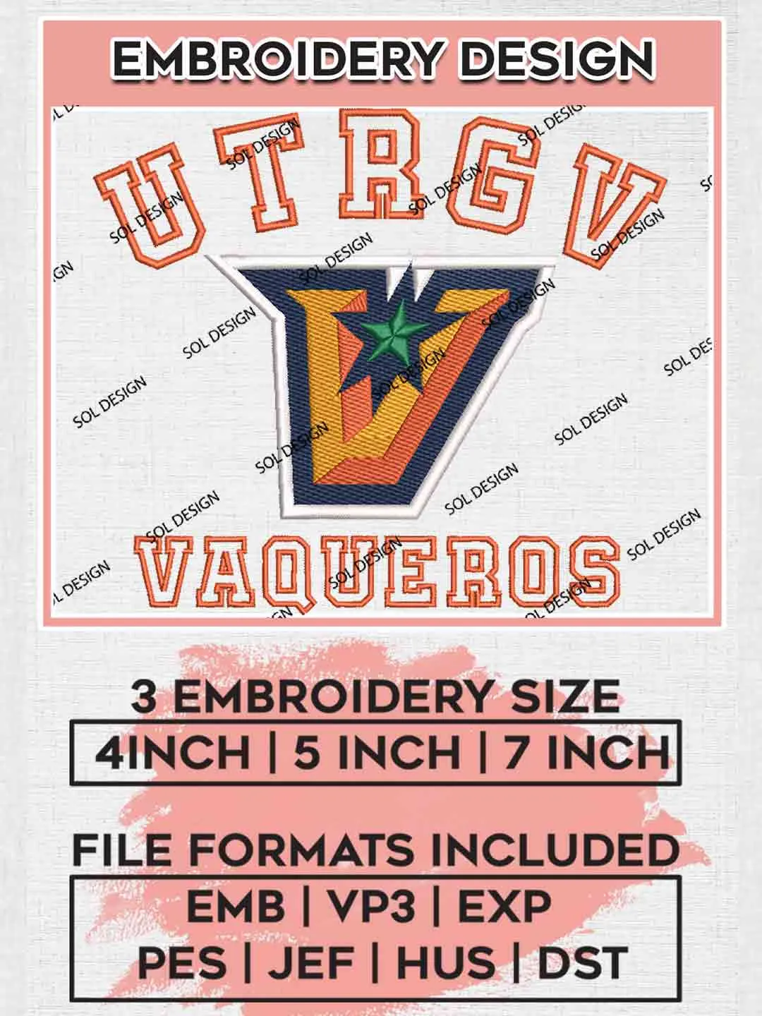 UTRGV Vaqueros Embroidery Design, Football Embroidery files, Sport Machine embroidery files, 3 sizes, Instant Download
