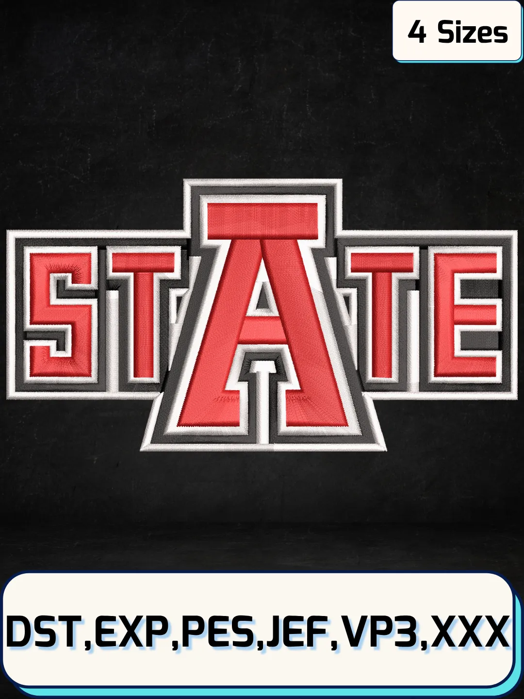 Arkansas State Red Wolves Secondary Logo Embroidery Design Files, NCAA Logos Embroidery Designs, Machine Embroidery Files, 4 Sizes