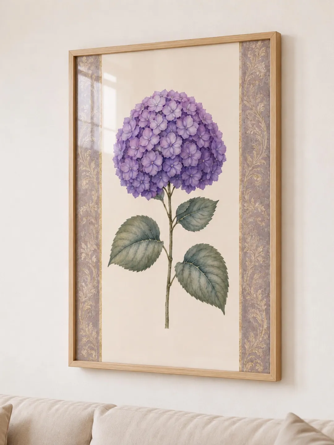 Hydrangea Wall Art - Purple Botanical Print, Vintage Damask Border Floral Decor for Bedroom or Living Room