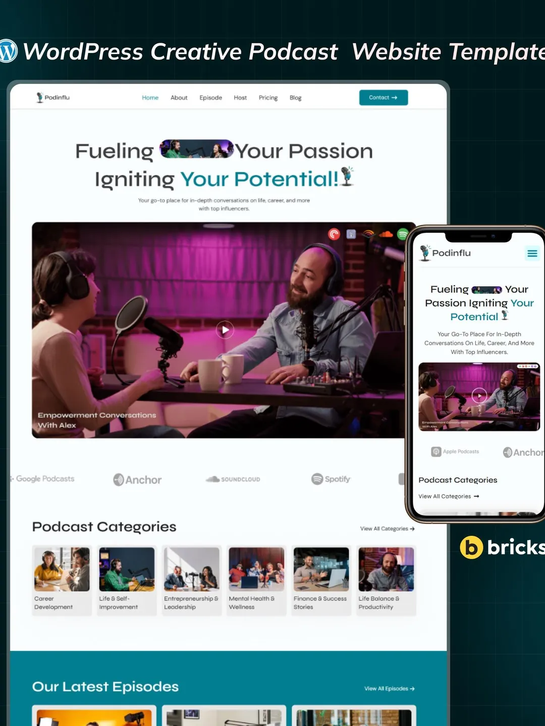 Podcast WordPress Bricks Builder Template Kit | Influencer, Creator, Audio Streaming & Episodes Website Template