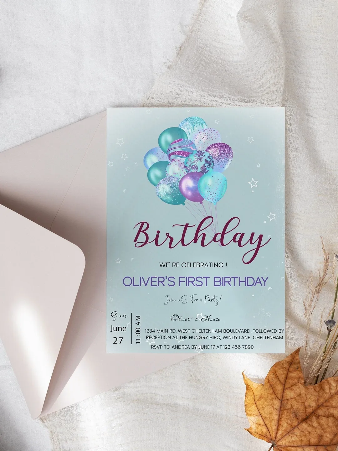 Boy's 1st Birthday Balloons Invitation, Silver Blue (Digital Download)