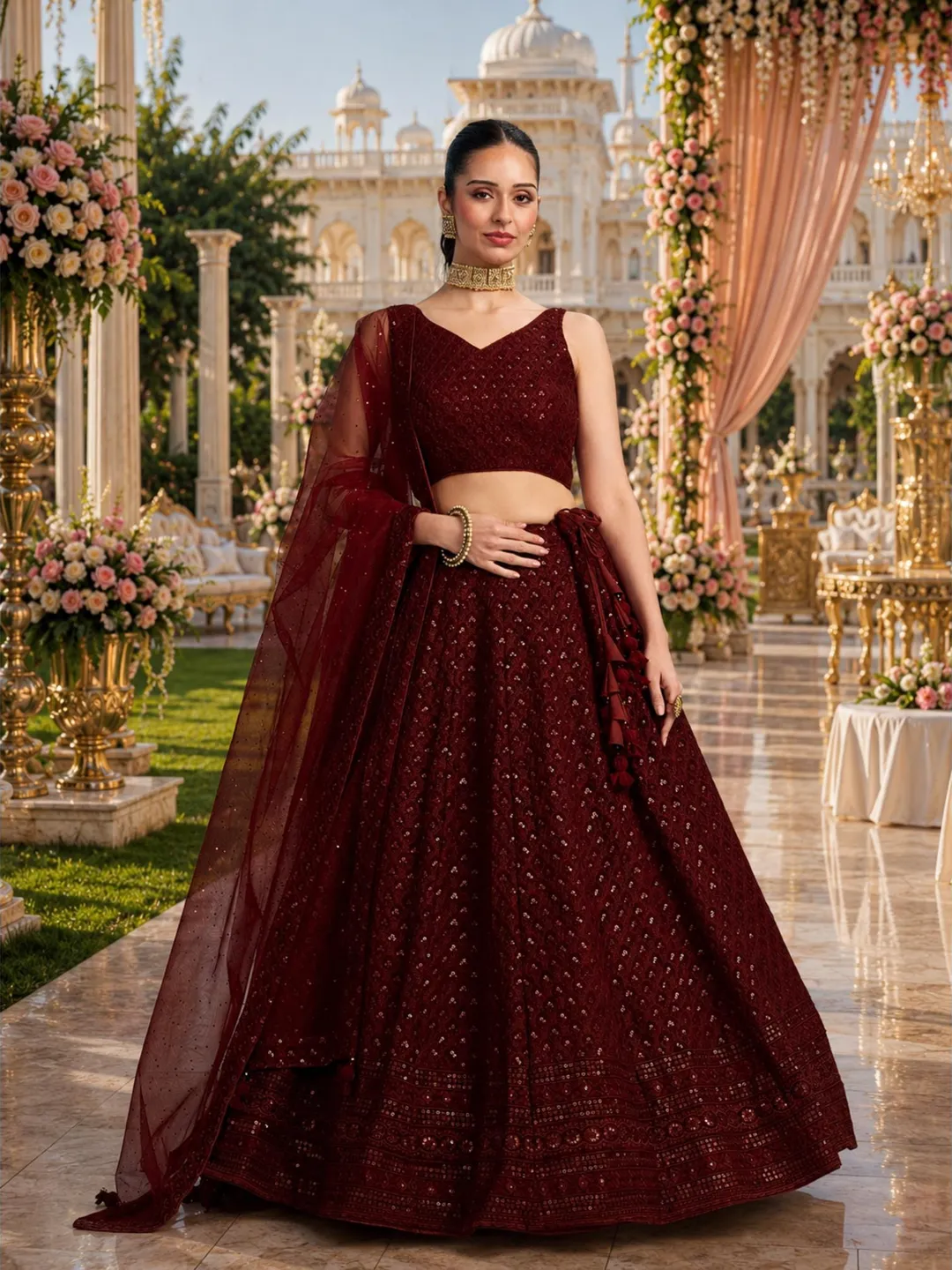 Maroon Ready To Wear Lehenga Choli: Indian Wedding Wear, Sequins Embroidery