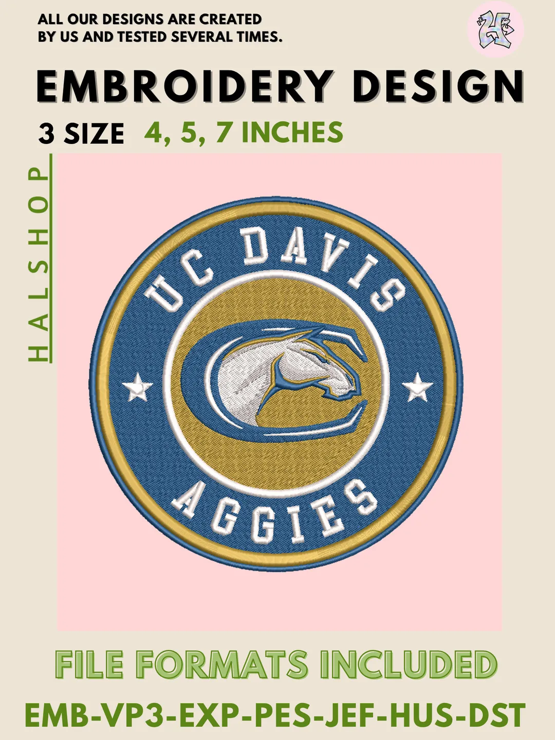 NCAA UC Davis Aggies Logo Embroidery Design, College Team Machine Embroidery Files, Digital Download