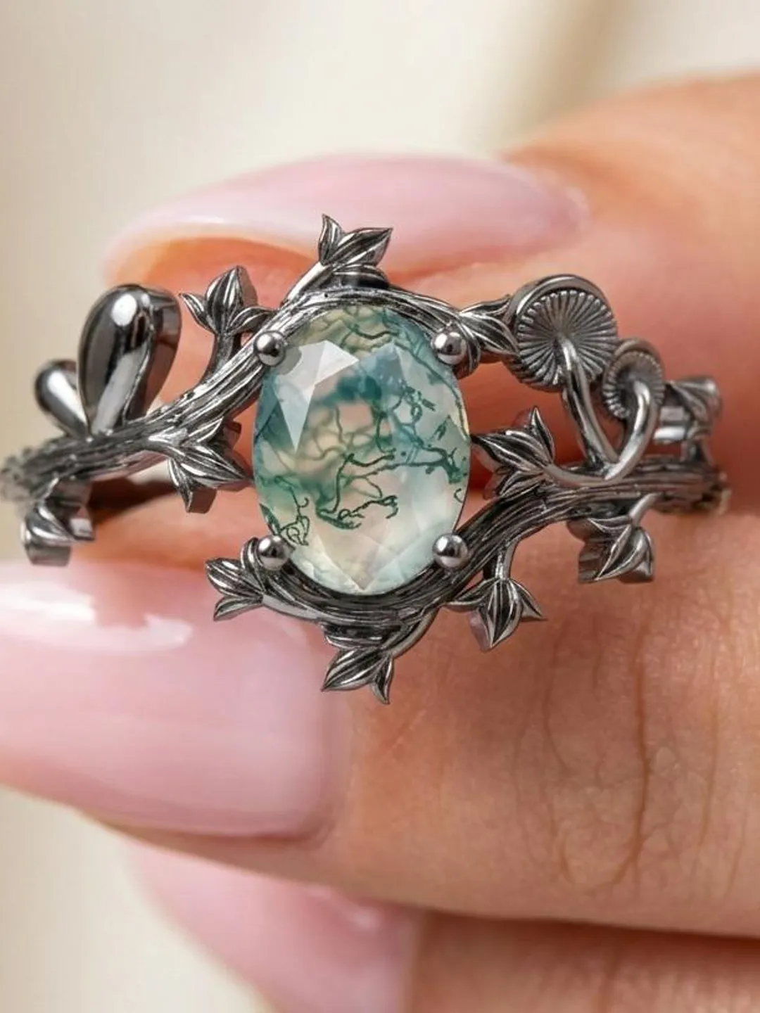 Fairy Moss Agate Twig Engagement Ring, Whimsigoth Mushroom Ring