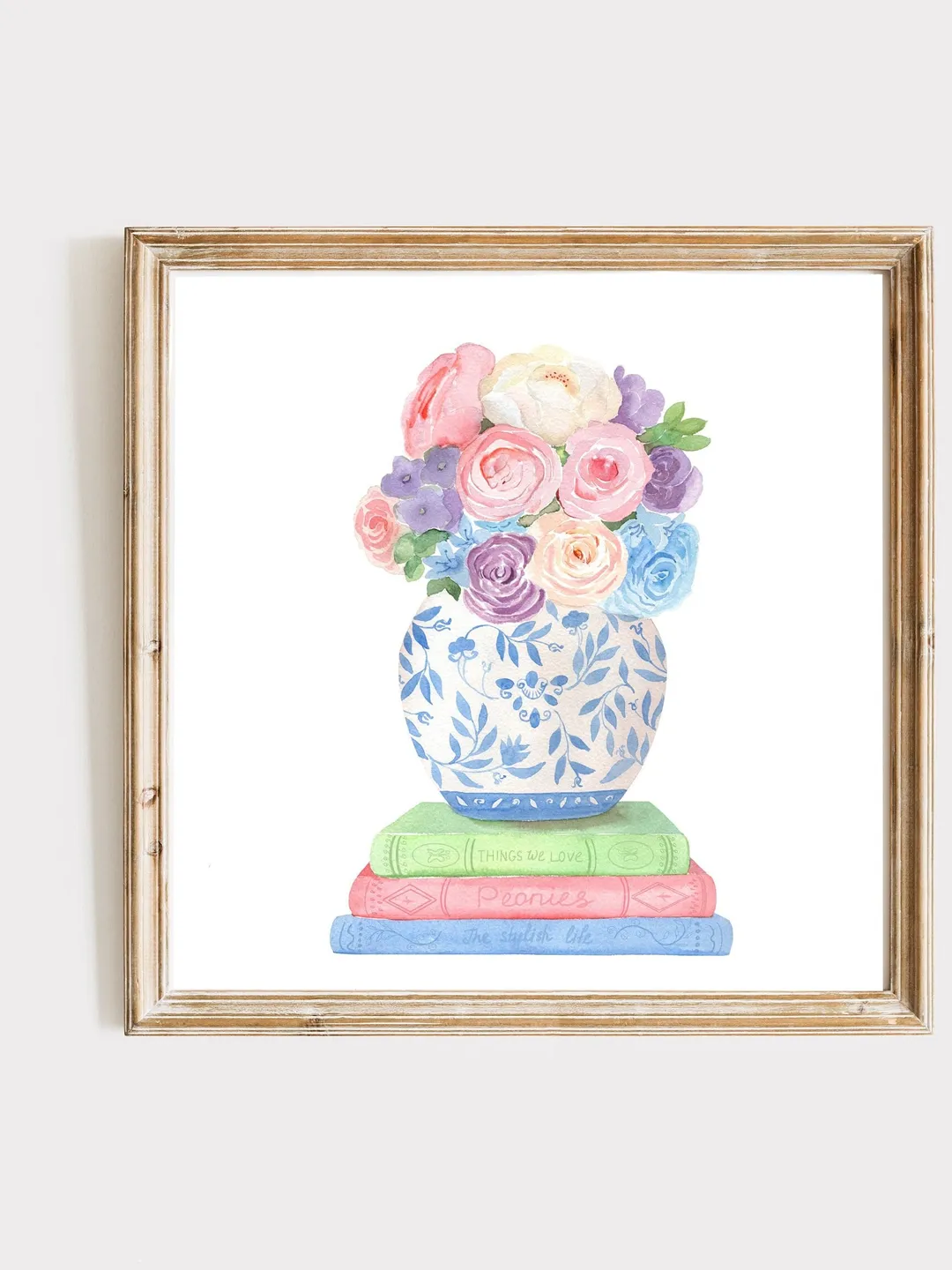 Chinoiserie Book Illustration Print, Watercolor Painting, Book Lover Gift, Book Stack Decor, Ginger Jar Print, Chinoiserie Wall Art, Bouquet