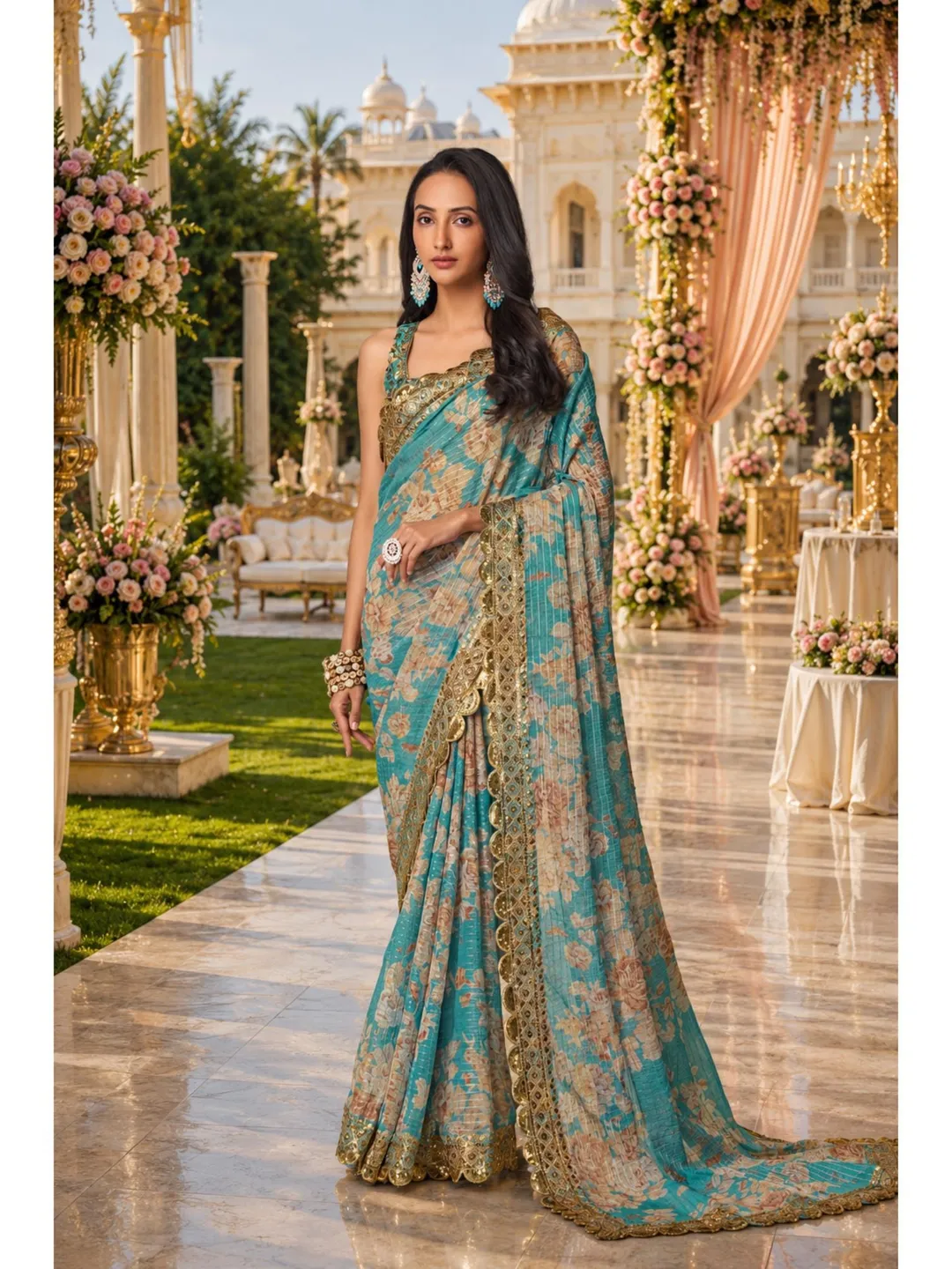 Sky Blue Georgette Saree For Women: Sequins Embroidery, Indian Wedding Wear Readymade
