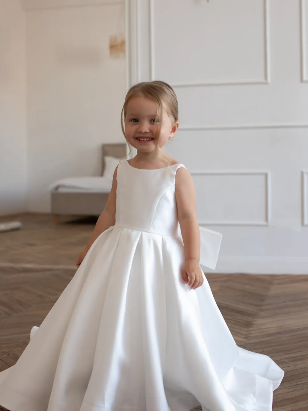White Satin Flower Girl Dress with Big Bow, Toddler & Girls Wedding Party Dress, Elegant Back Bow Princess Dress