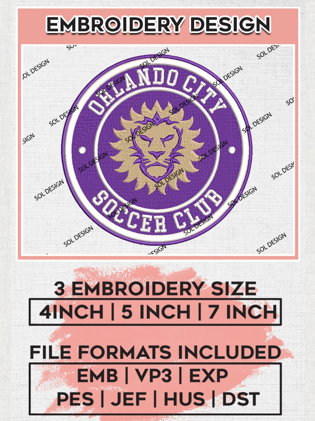 Orlando City Soccer Team Logo Embroidery Design, MLS Orlando City Logo Embroidery Files, Soccer Team Machine Embroidery, Machine Embroidery Design