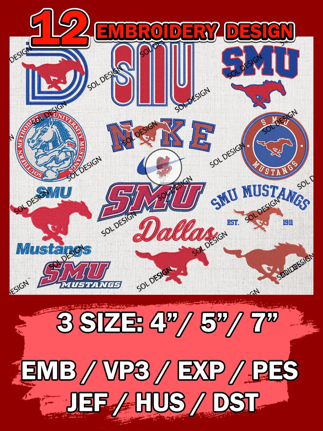 12 NCAA SMU Mustangs Bundle Embroidery Files, NCAA SMU Mustangs Team Bundle Embroidery Designs, NCAA Teams, National College Football Team 3 sizes, NCAA SMU Machine Embroidery, Digital Download