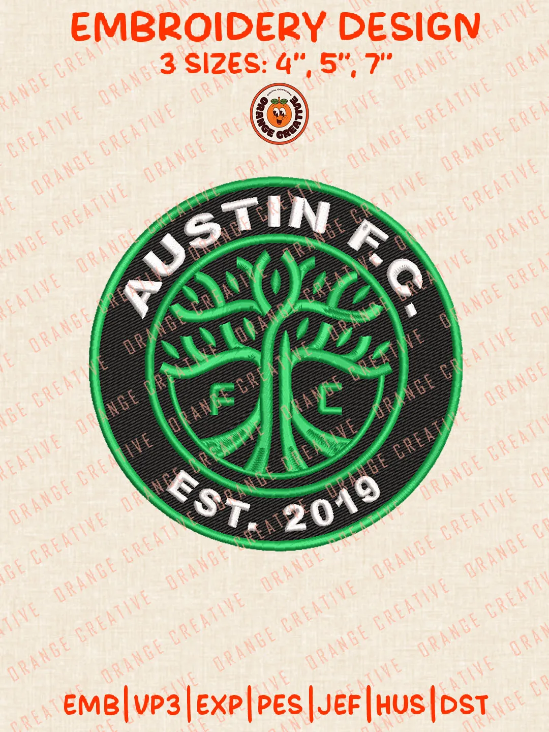MLS Austin FC Round Est 2019 Logo Embroidery Files, Austin FC Embroidery Designs, League Soccer Machine Embroidery Files, MLS Austin FC Logo Machine Embroidery, 3 sizes, Digital Download