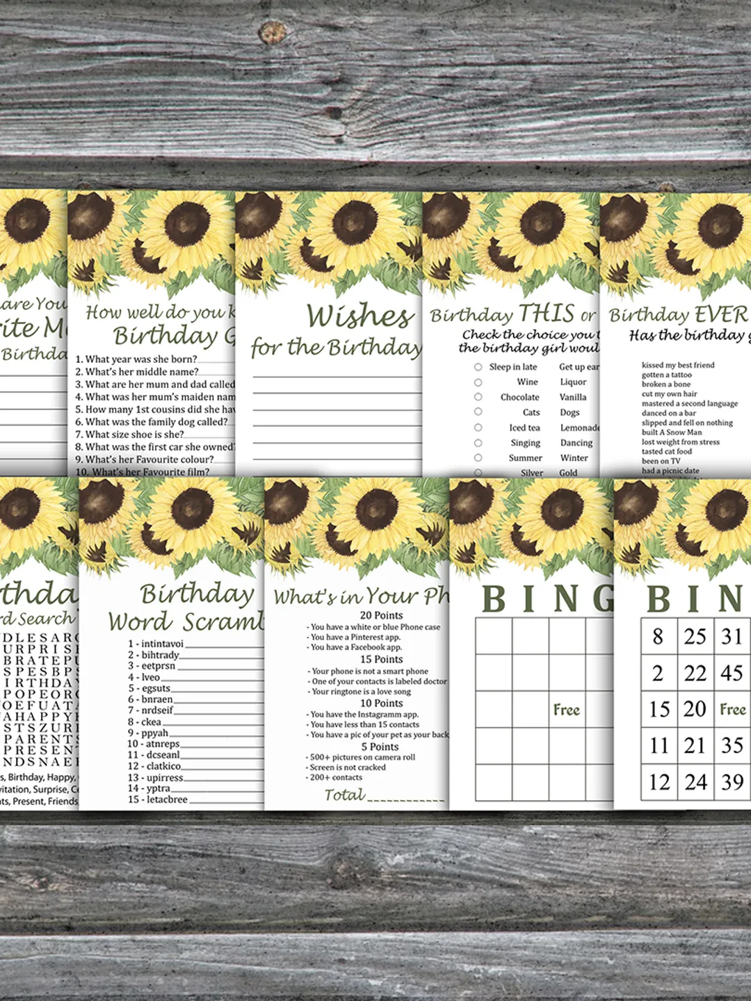 Sunflower Birthday Party Games bundle,Adult birthday games package,Printable Birthday Games,INSTANT DOWNLOAD