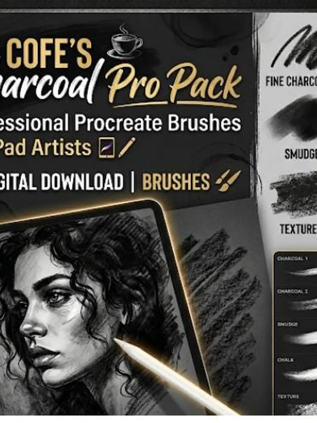 COFE'S Charcoal Procreate Brushes | Charcoal Drawing, Sketching & Shading Brush Pack | Texture for Digital Art