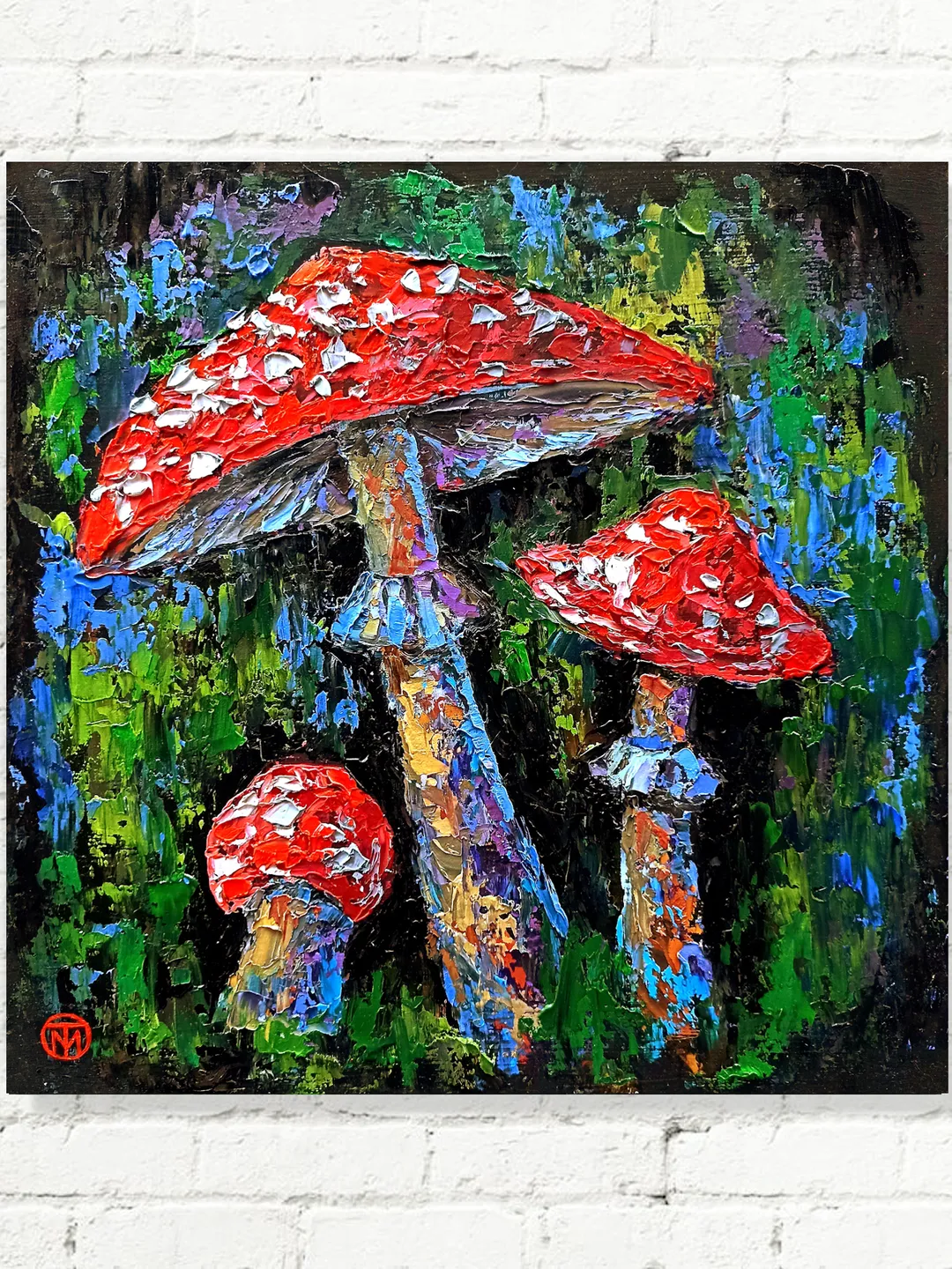 Fly Agaric Painting Alice in Wonderland Original Art Amanita Mushroom Painting Impasto Woodland 12" x 12" By Colibri Art