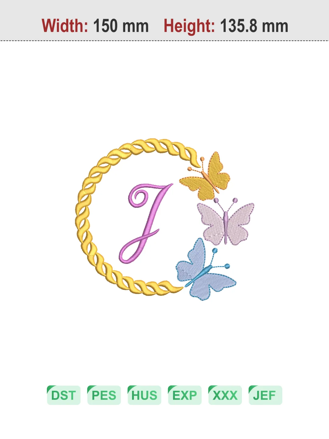 Butterfly Wreath Letter J Machine Embroidery Design