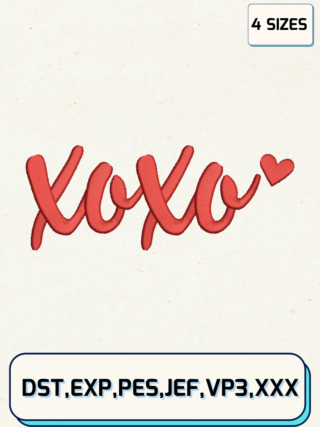 XoXo Heart Embroidery Design Files, Valentine Logos Embroidery Designs, Machine Embroidery Files, 4 Sizes